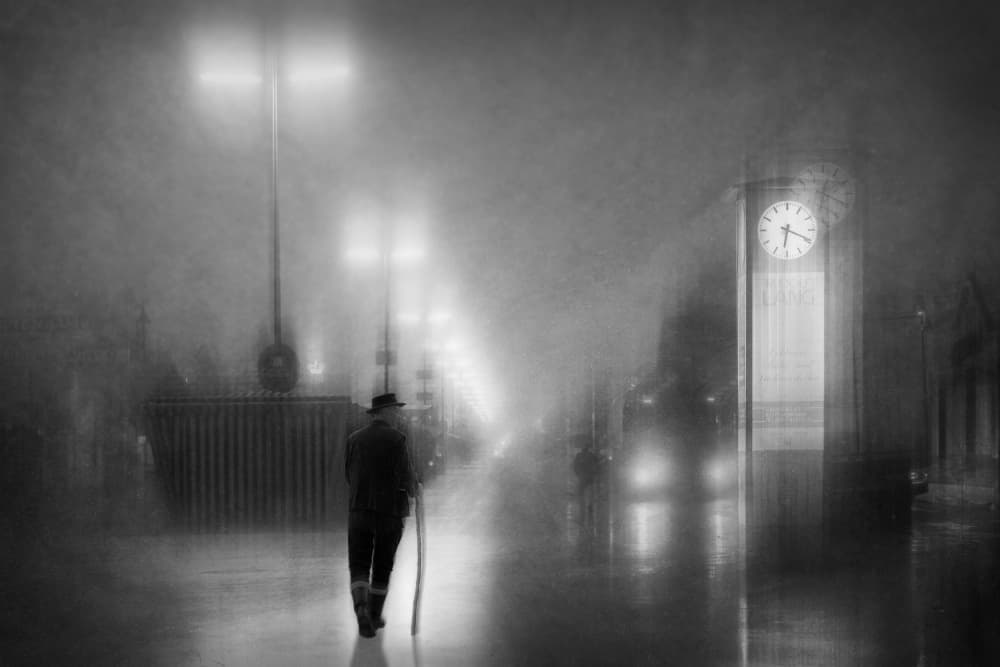 Noir Man Misty Station by Roswitha Schleicher-Schwarz — canvas wall art