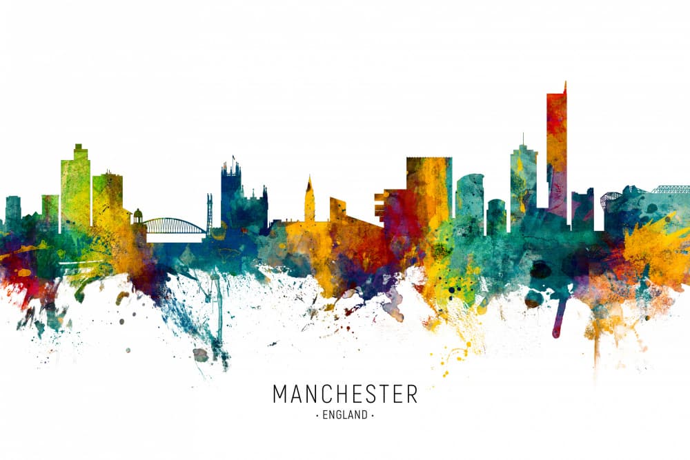 Manchester Watercolor Skyline by Michael Tompsett — canvas wall art