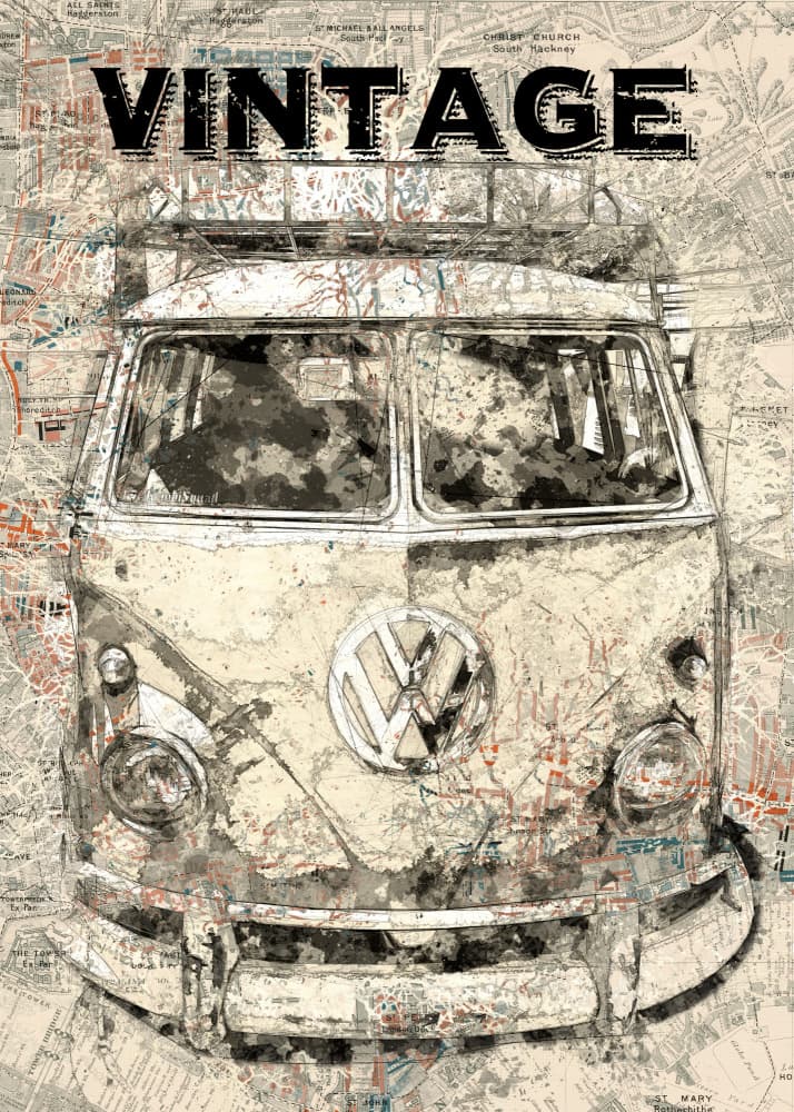 Vintage Bus Travel Map by Lembayung senja studio [Vintage Poster] — canvas wall art