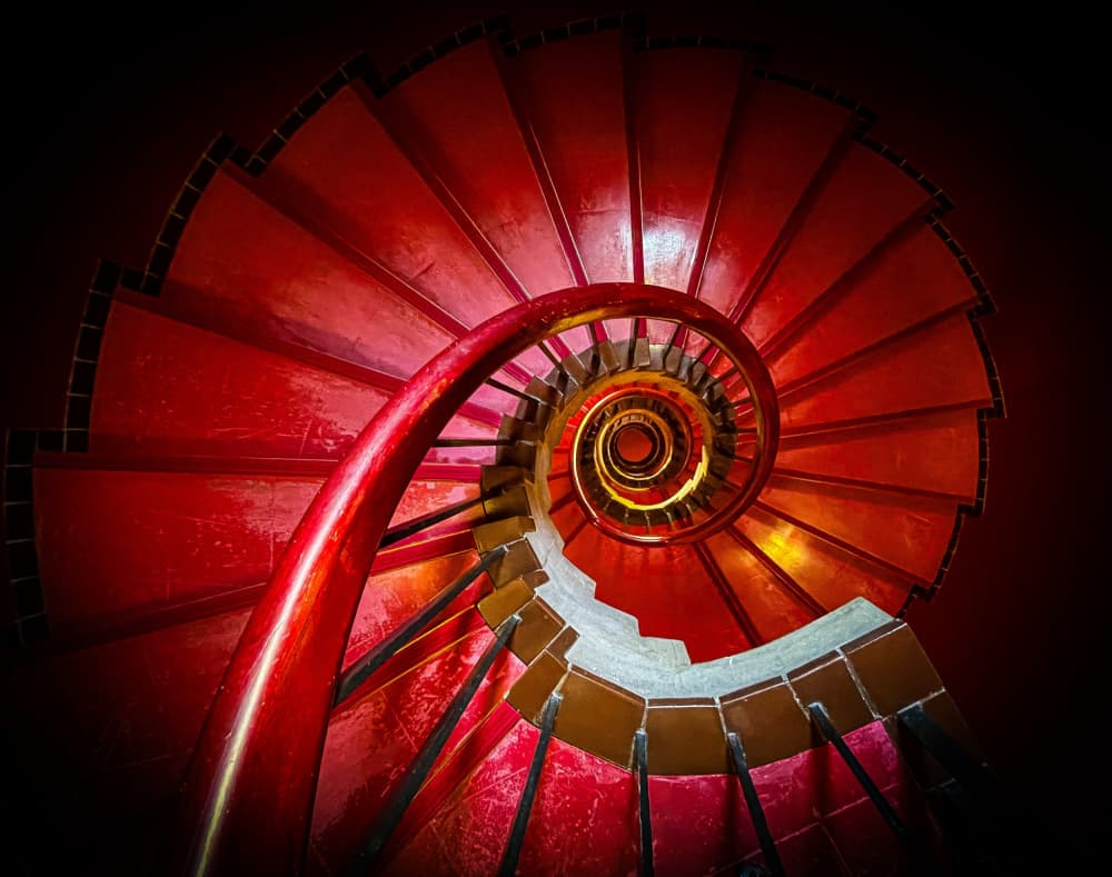 Bold Red Spiral Staircase by KIMIO KOBAYASHI — canvas wall art