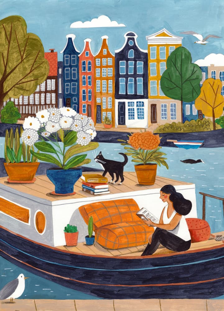 Amsterdam city life on a houseboat by Caroline Bonne Müller — canvas wall art