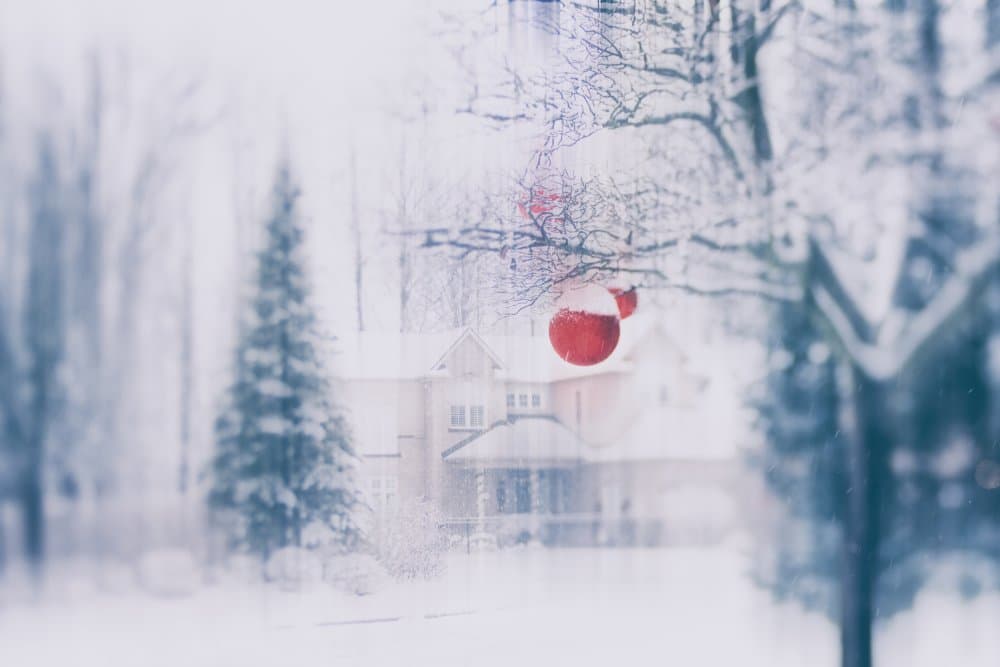 Red Ornaments Snowy Winter by Cindy Liu — canvas wall art