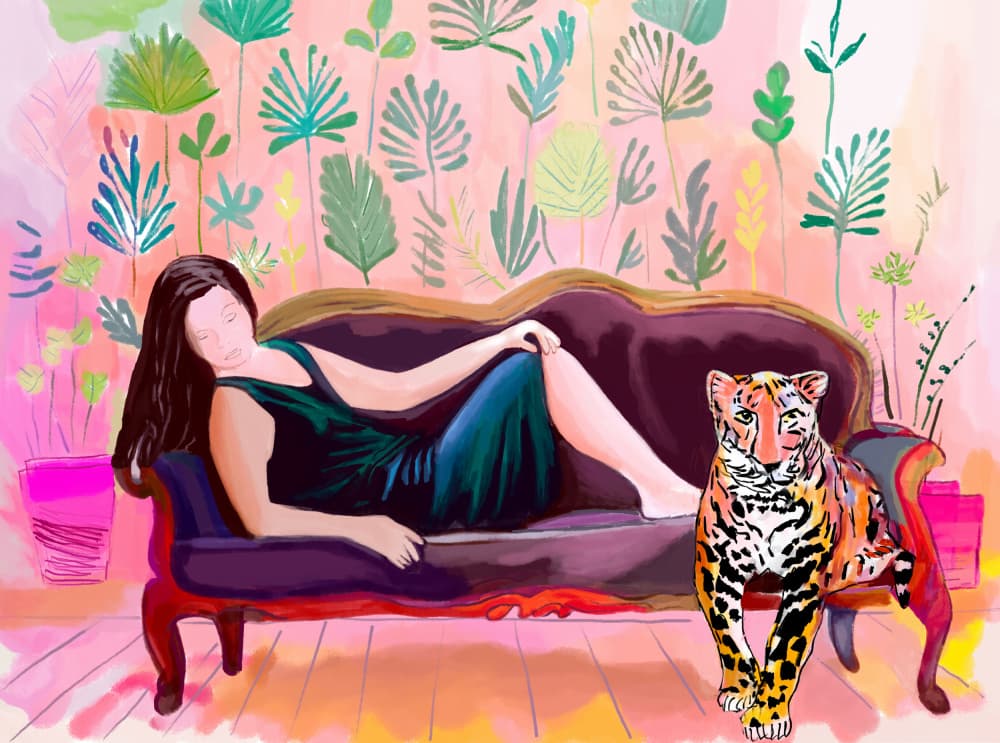 Relaxed Woman and Tiger by Beate Tubach — canvas wall art