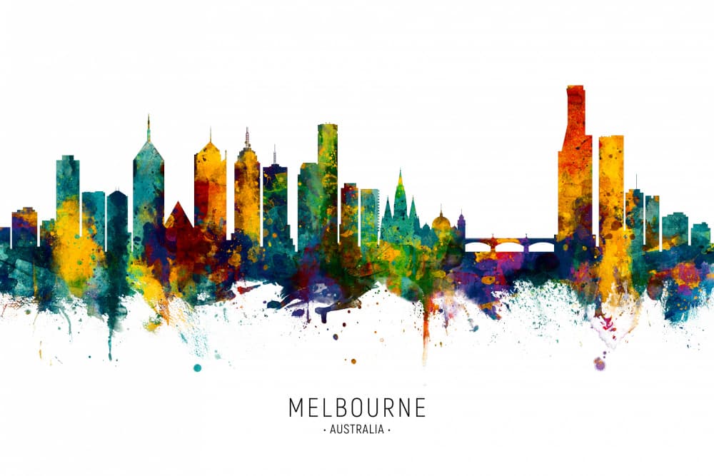 Colorful Melbourne Skyline by Michael Tompsett — canvas wall art