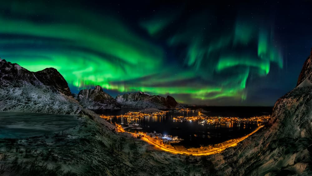 Northern Lights Fjord Village by César Vega Toledano — canvas wall art
