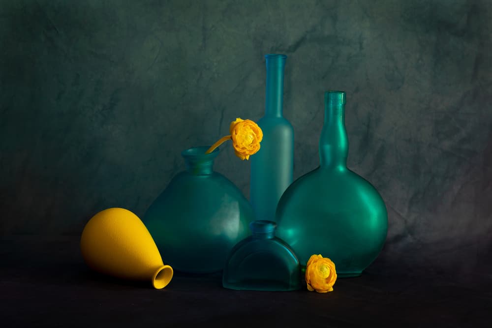 Teal Bottles Yellow Flowers by Wendy Xu — canvas wall art
