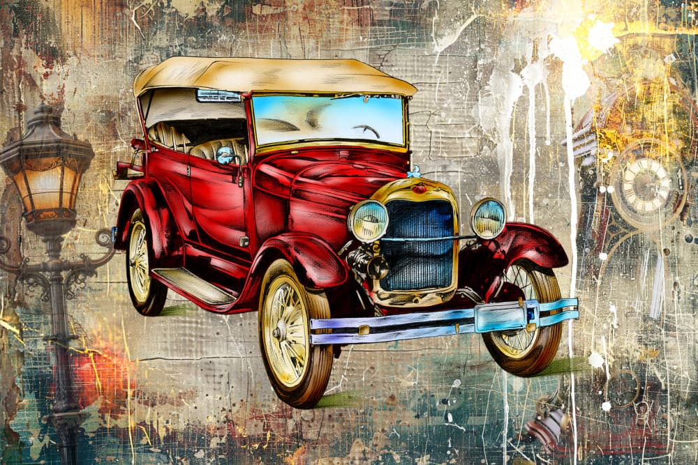Vintage Red Car Urban Journey by Rafal Kulik — canvas wall art