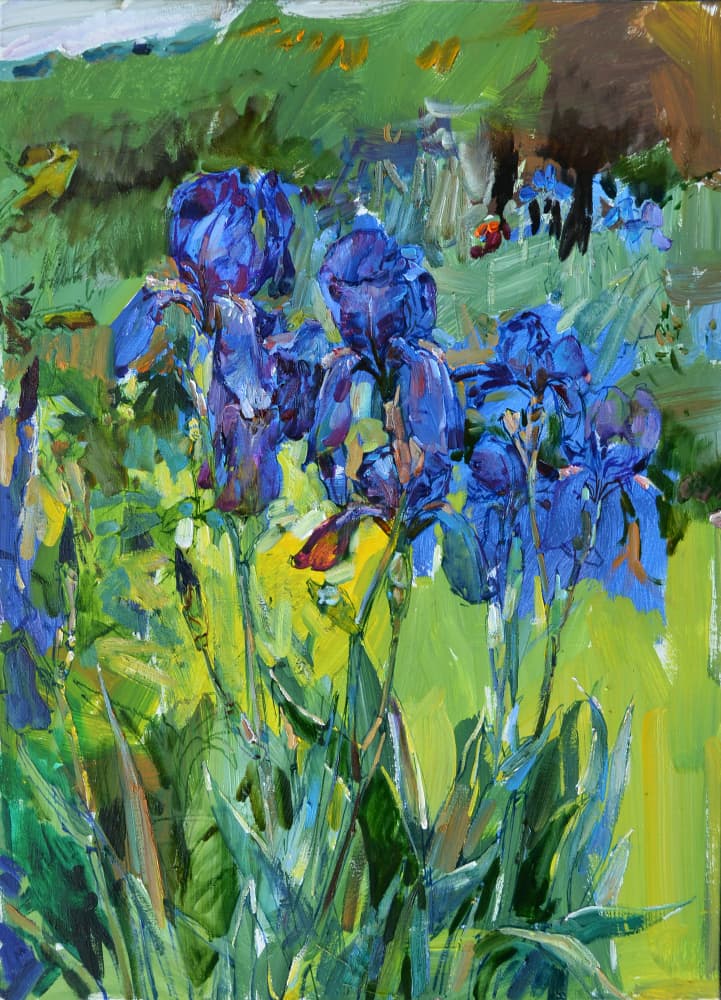 Vibrant Blue Irises by Andrii Kutsachenko — canvas wall art