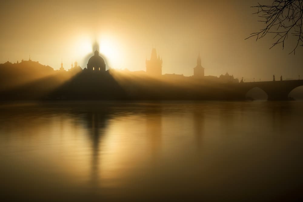 Golden Prague Morning Mist by Marek Kijevský — canvas wall art