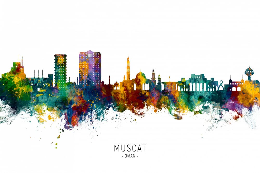 Colorful Muscat Skyline by Michael Tompsett — canvas wall art