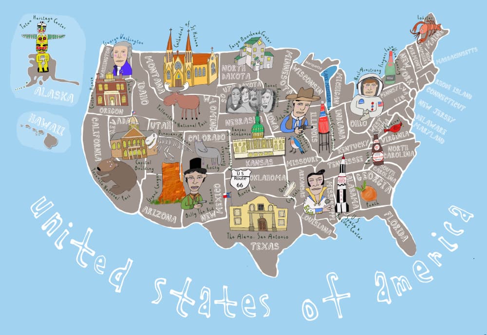 Whimsical United States Map by Carla Daly — canvas wall art