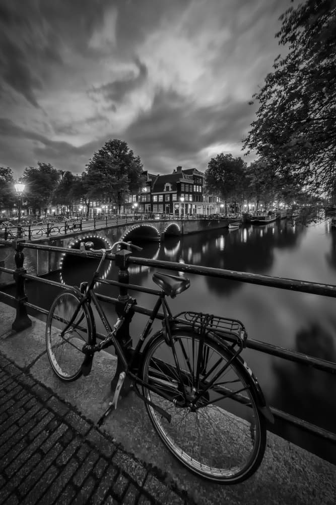 Amsterdam Canal Bicycle Night by Melanie Viola — canvas wall art
