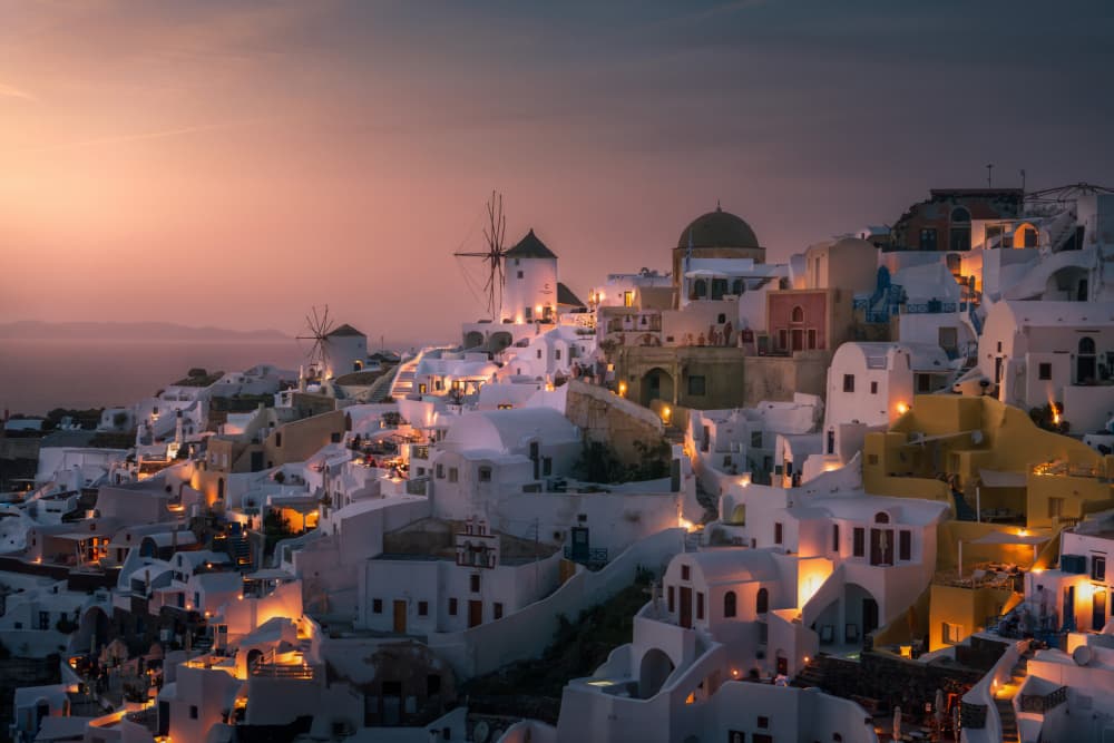Santorini Sunset Village by SANDEEP MATHUR — canvas wall art