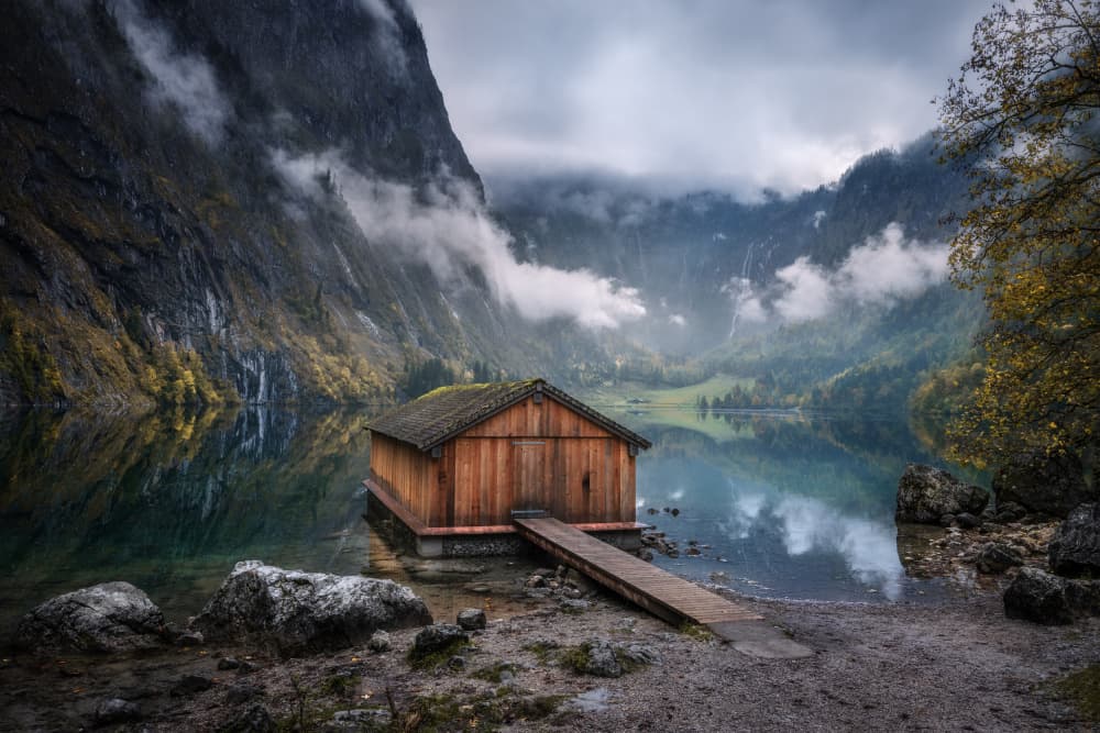 Misty Mountain Boathouse by fotomarion — canvas wall art