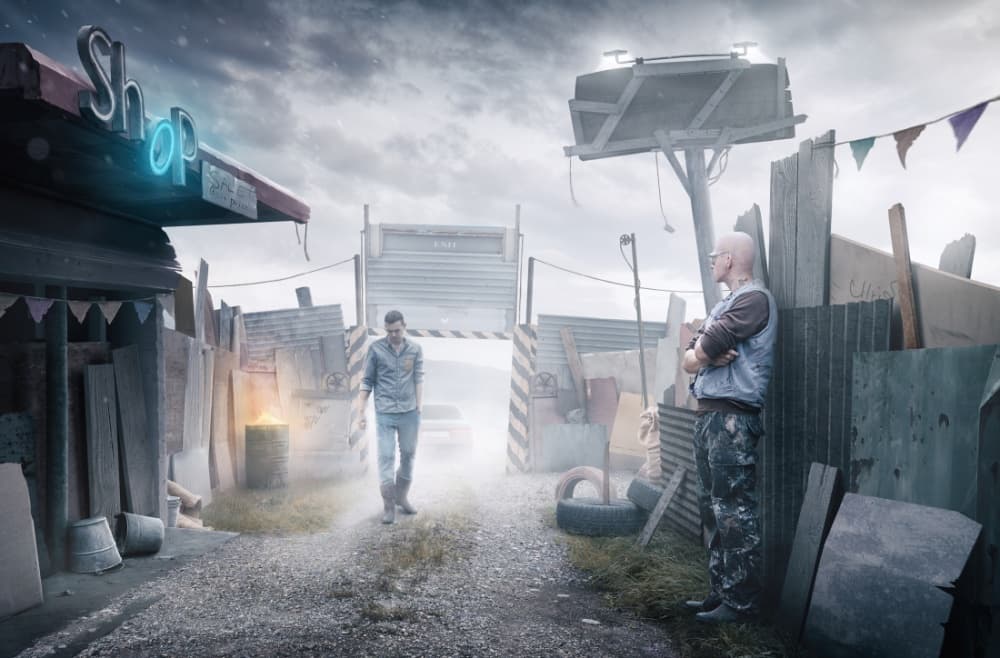 Dystopian Shop Encounter by Peter Cakovsky — canvas wall art