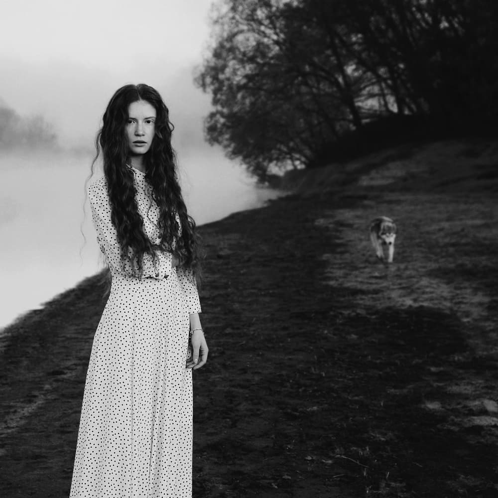 Woman and Wolf in Mist by Ksenia Sinyavina — canvas wall art