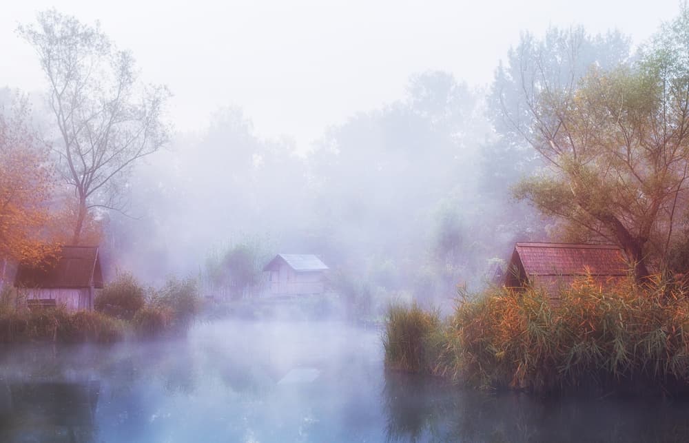 Misty Lake Cabins by Leicher Oliver — canvas wall art