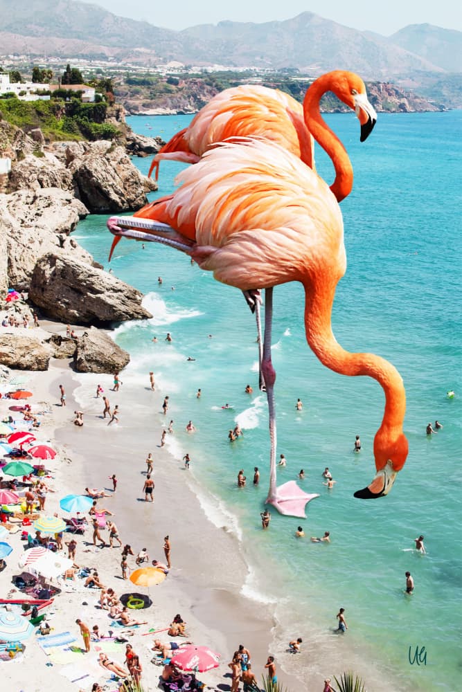 Surreal Beach Flamingos by Uma Gokhale — canvas wall art