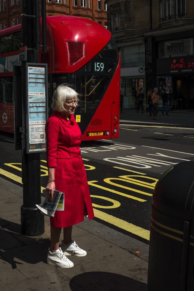 Red Dress on London Street by Lorenzo Grifantini — canvas wall art