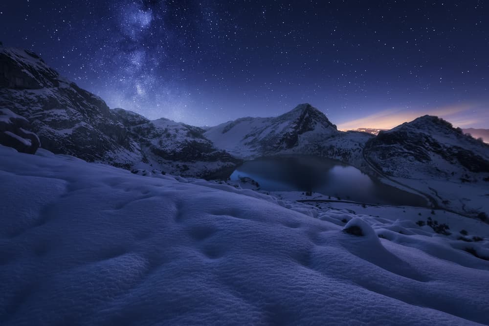 Milky Way Over Snowy Peaks by Carlos F. Turienzo — canvas wall art