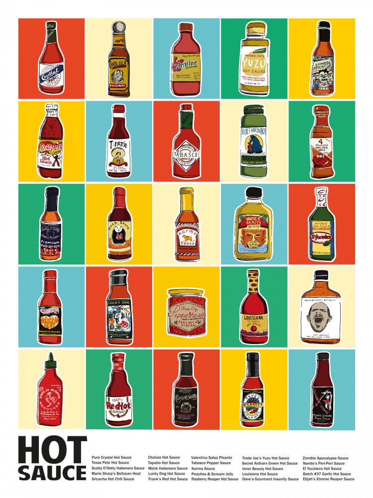 Colorful Hot Sauces by WallChart Art Studio — canvas wall art
