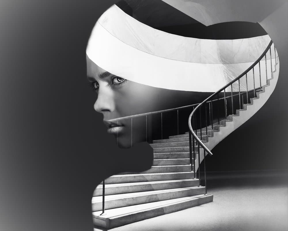 Monochrome Face Staircase by Emel Sefer — canvas wall art