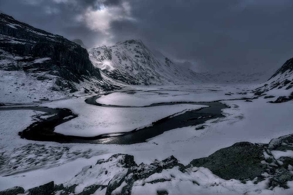 Dramatic Winter Mountain River by Oskar Baglietto — canvas wall art