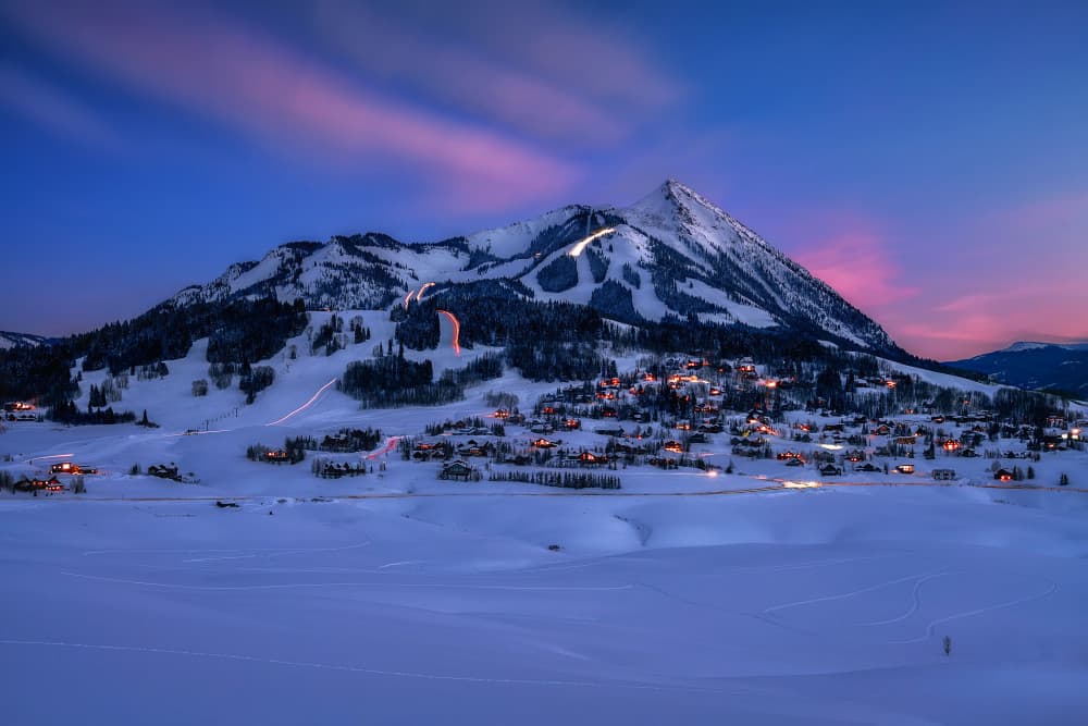 Snowy Mountain Village Dusk by Mei Xu — canvas wall art