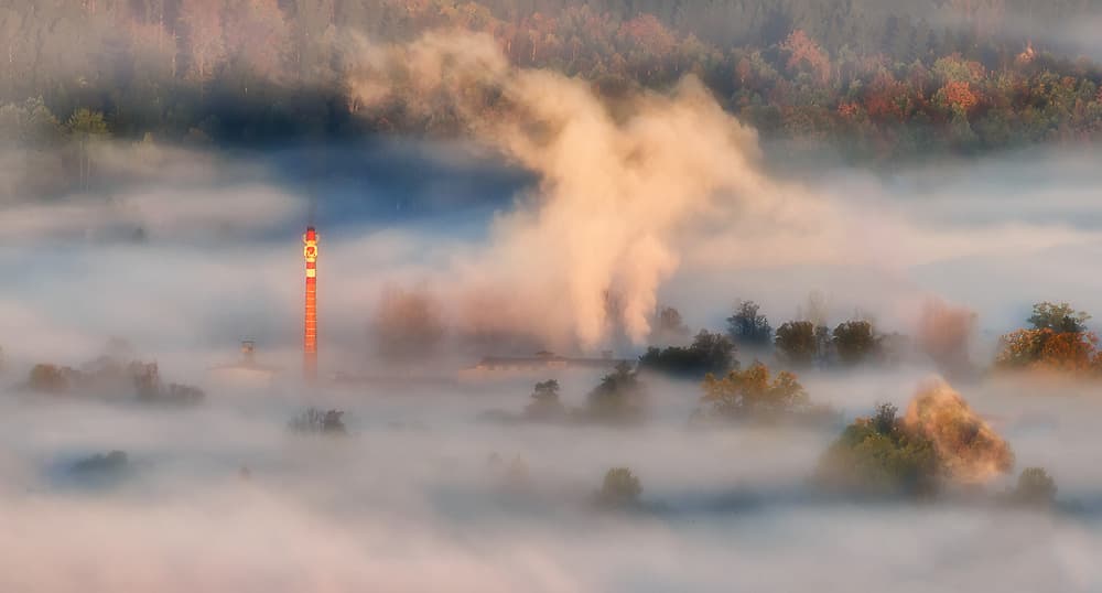 Misty Factory Sunrise by Piotr Krol (Bax) — canvas wall art