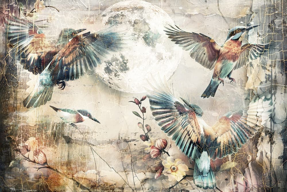 Moonlit Birds and Blooms by Rafal Kulik — canvas wall art