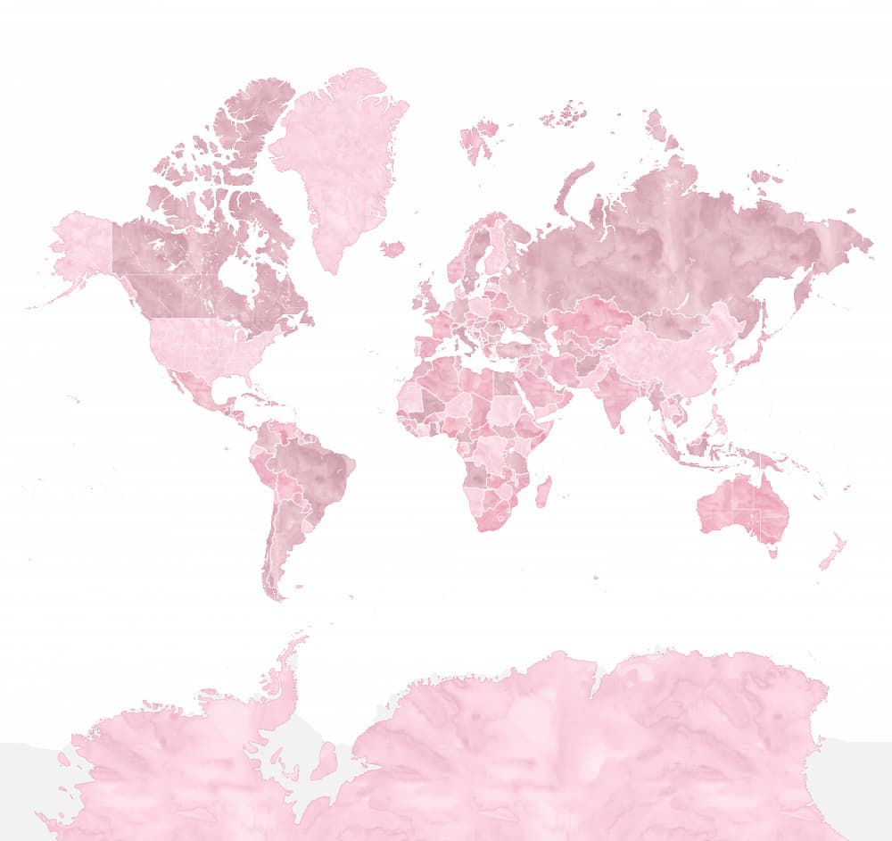 Pink Watercolor World Map by Rosana Laiz Blursbyai — canvas wall art