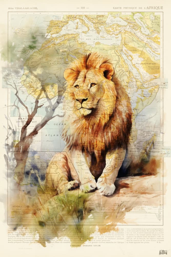 Majestic African Lion Map by thomas chedeville — canvas wall art