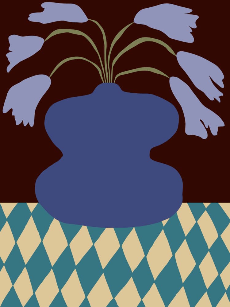 Blue Vase Purple Flowers by Miho Art Studio — canvas wall art
