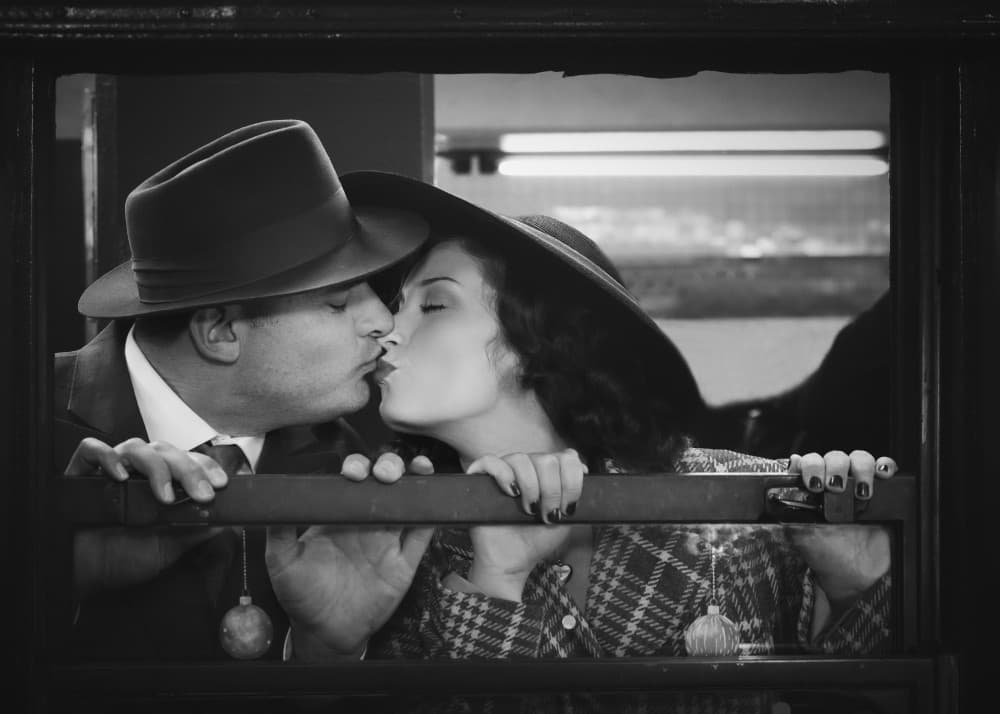 Romantic Train Kiss by Vicki Lai — canvas wall art