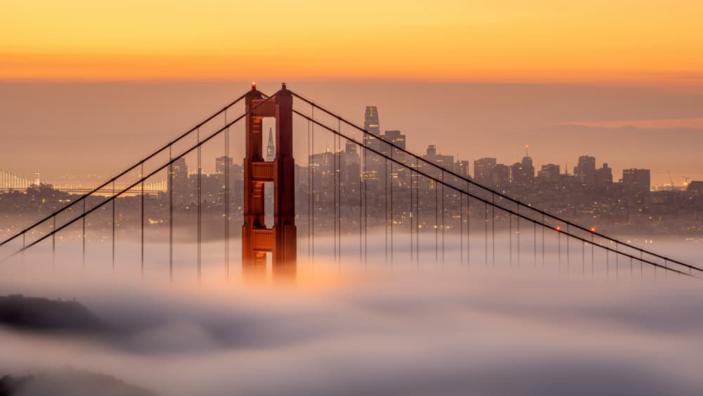 Golden Gate Foggy Sunrise by Chengming — canvas wall art