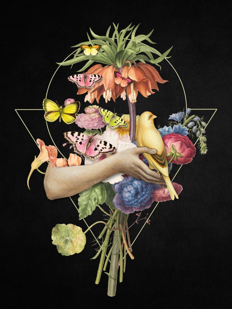 Floral Hand and Bird by Marja van den Hurk — canvas wall art