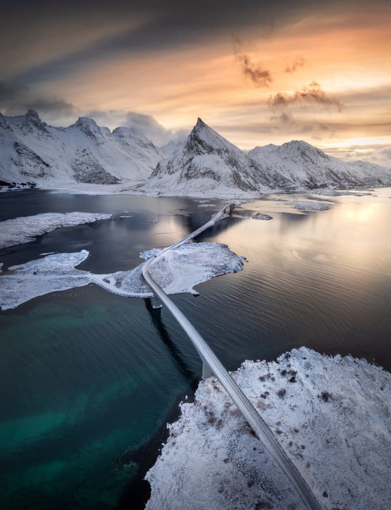 Snowy Peaks Fjord Sunset by Karol Nienartowicz — canvas wall art