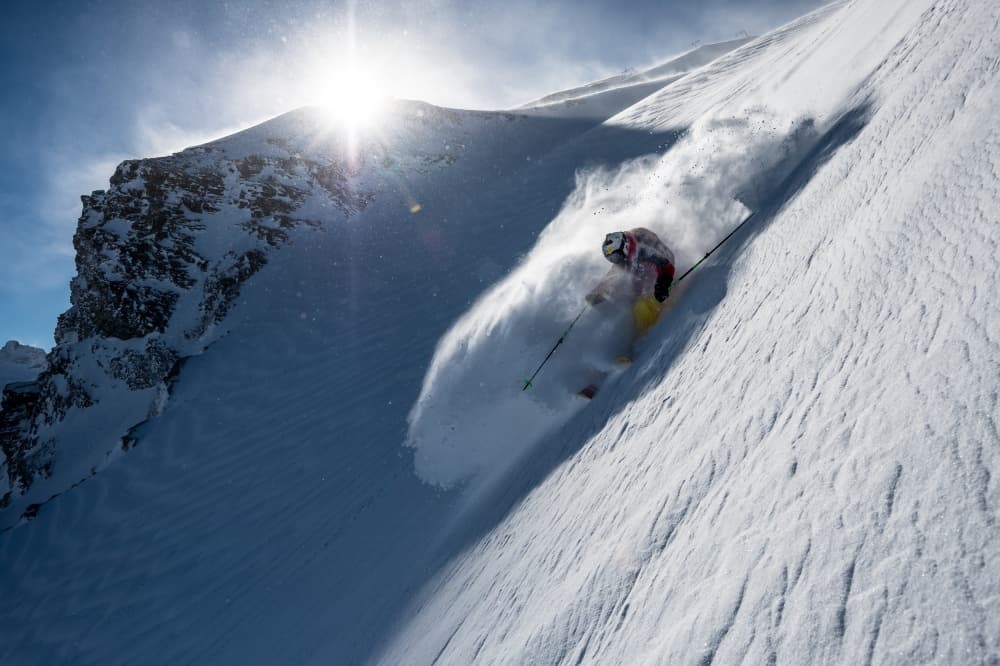 Skier Blasting Powder by Tristan Shu — canvas wall art