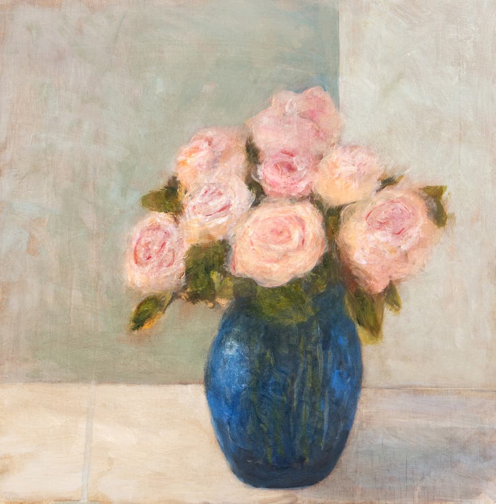 Pink Roses in Blue Vase by Claire Lerner — canvas wall art