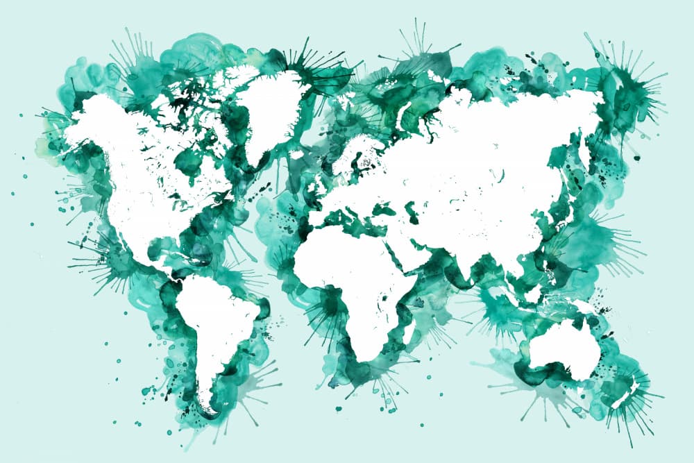 Teal Watercolor World Map by Rosana Laiz Blursbyai — canvas wall art