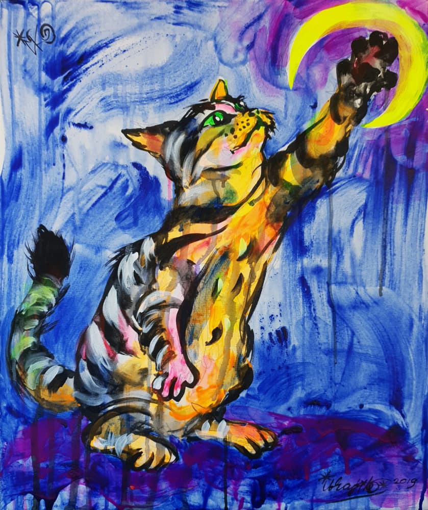 Colorful Cat Reaching Moon by Kanat Ibragimov — canvas wall art