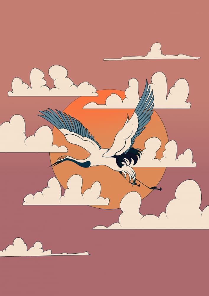 Elegant Crane Sunset Flight by Nicholas — canvas wall art