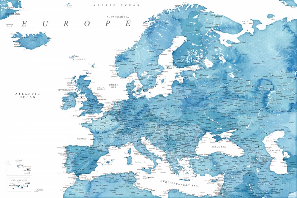 Blue Europe Watercolor Map by Rosana Laiz Blursbyai — canvas wall art