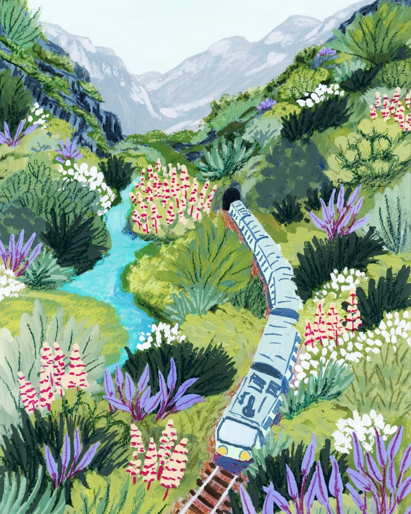 Mountain Valley Train Journey by Sarah Gesek — canvas wall art