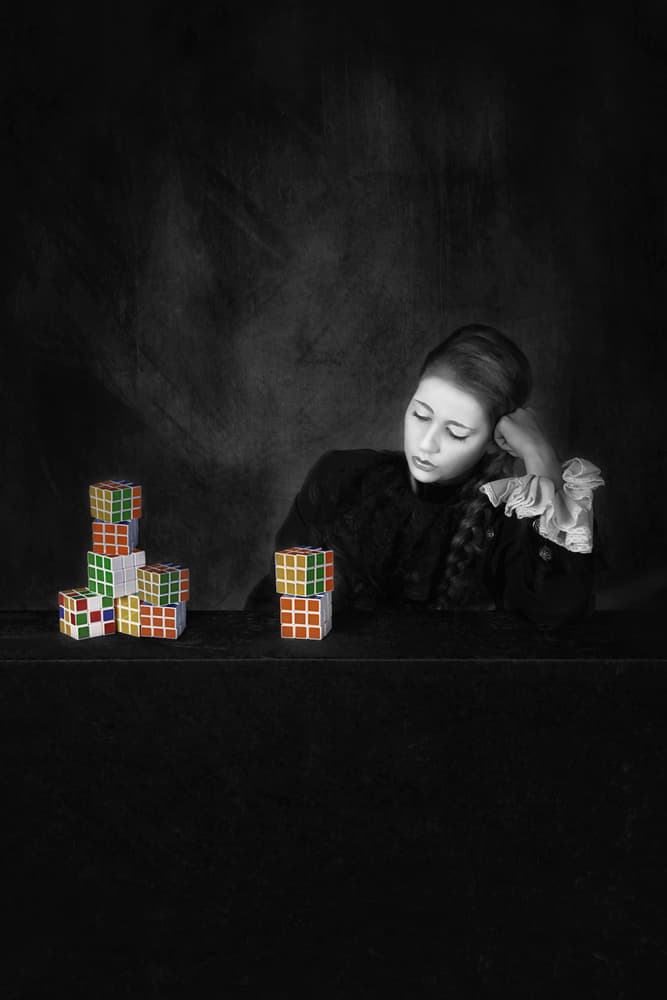 Pensive Girl Rubik's Cubes by Carola Kayen-Mouthaan — canvas wall art
