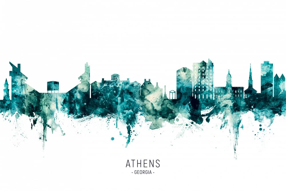 Athens Georgia Watercolor Skyline by Michael Tompsett — canvas wall art