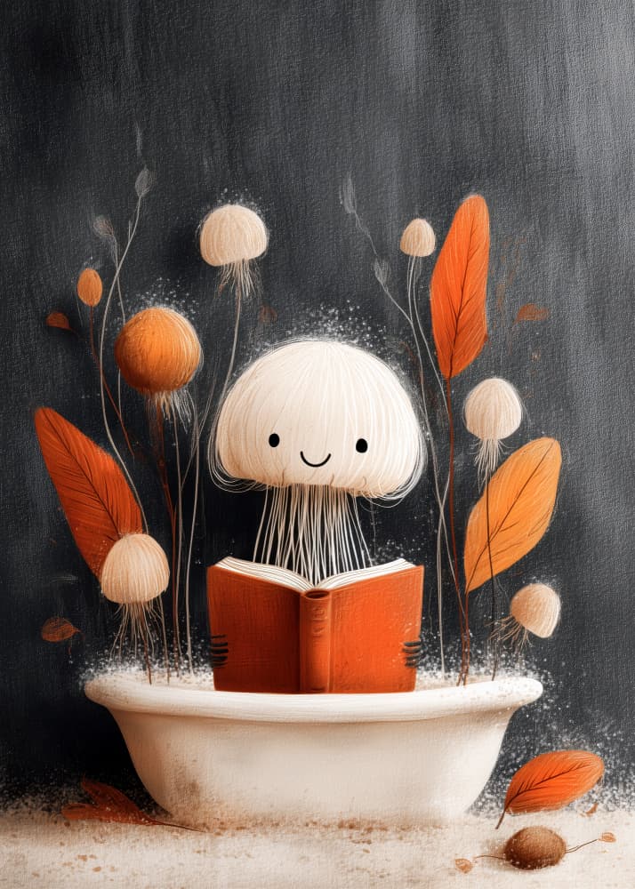 Cozy Jellyfish Reading by Justyna Jaszke — canvas wall art
