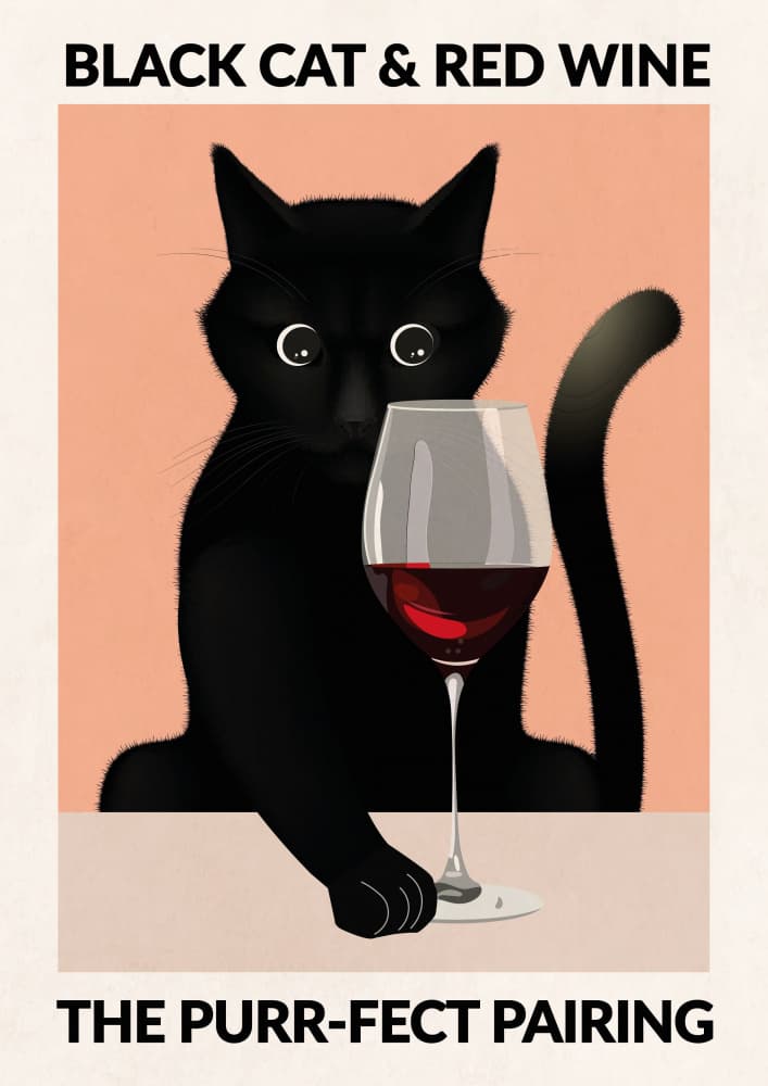 Black Cat Red Wine by WallChart Art Studio — canvas wall art