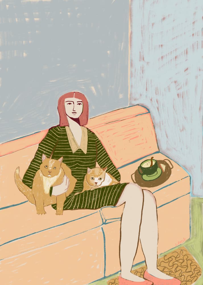 Cozy Woman and Cats by Sharyn Bursic — canvas wall art
