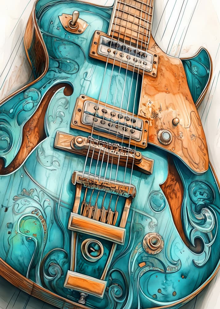 Ornate Teal Guitar by Justyna Jaszke — canvas wall art